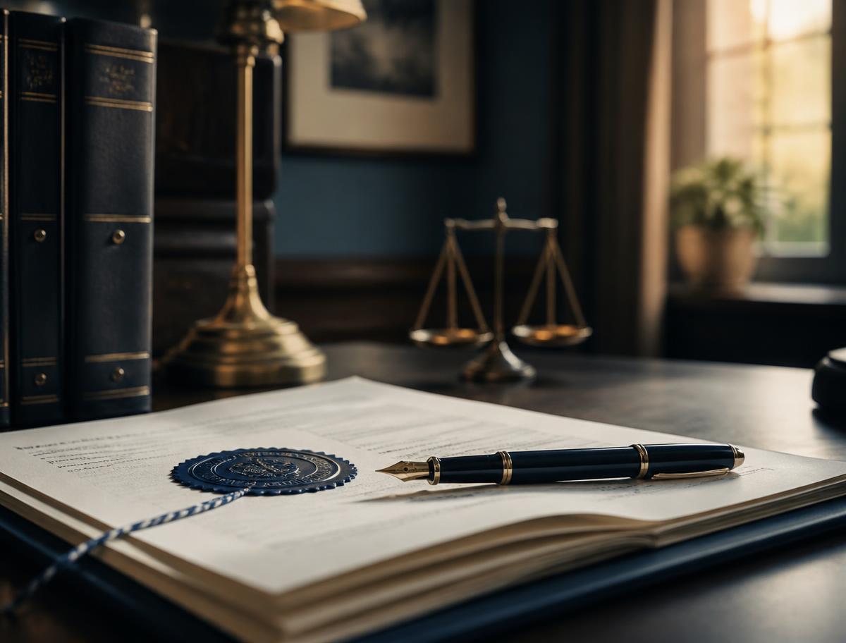 Legal documents with a notary seal and fountain pen on a desk